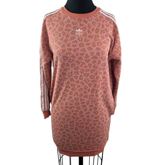 ADIDAS Pink Dress Cotton Leopard Allover 3-Stripes Ribbed Kids 11/12 M Medium - Picture 1 of 10